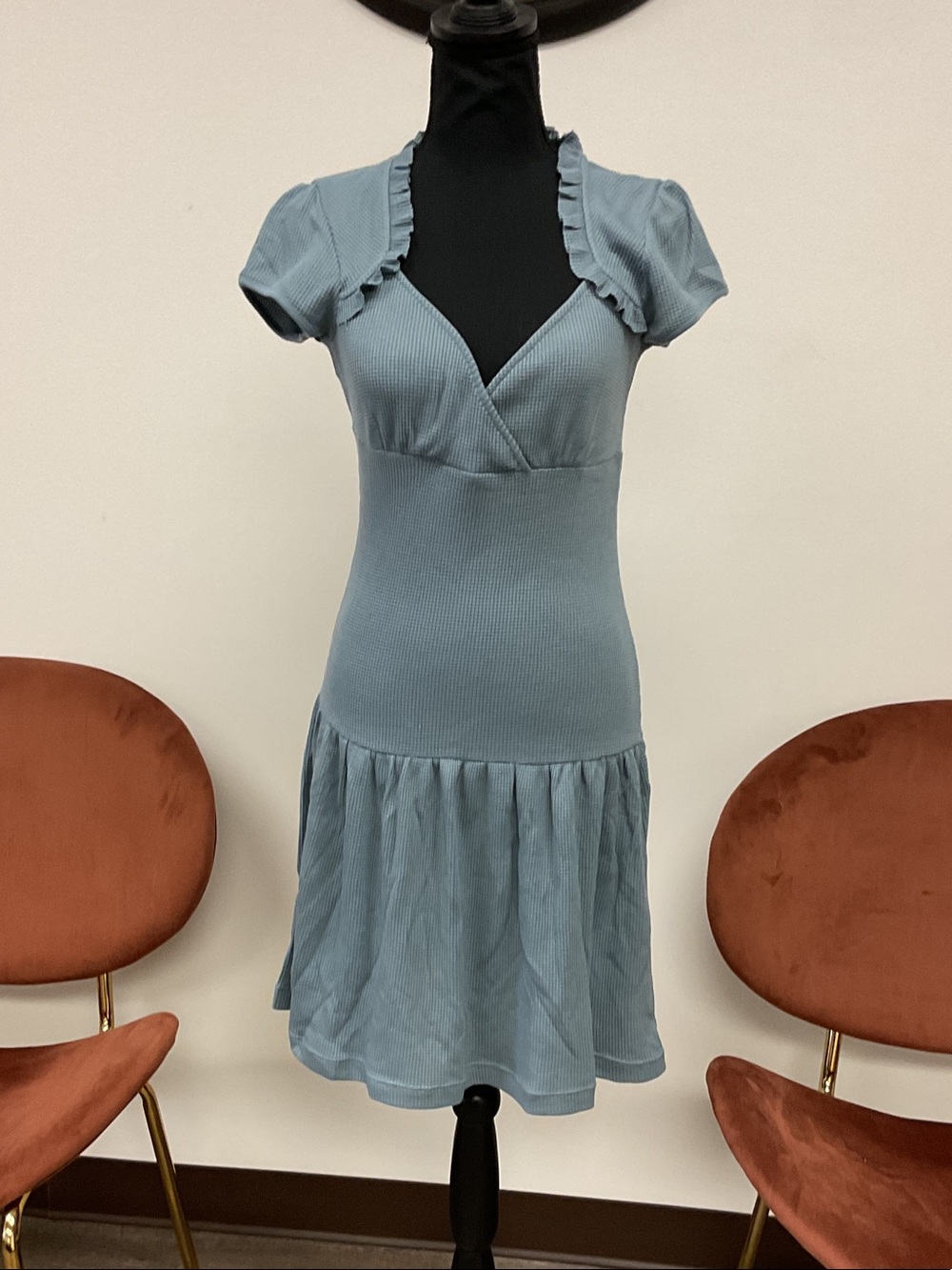 Free People Dusty Blue Ribbed V-Neck Mini Dress